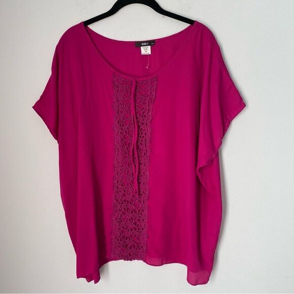 ING Women’s Scoop Neck Short Sleeve Lace Detail Cap Sleeve Fuchsia Blouse 1X - Picture 1 of 3